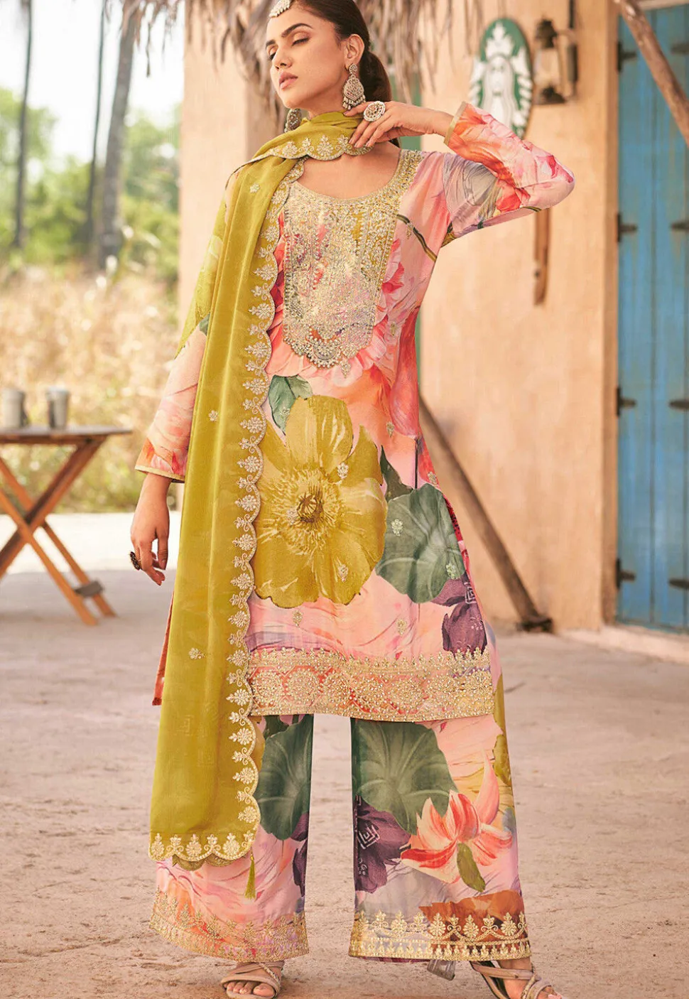 Digital Printed Chinon Silk Pakistani Suit in Peach and Multicolor