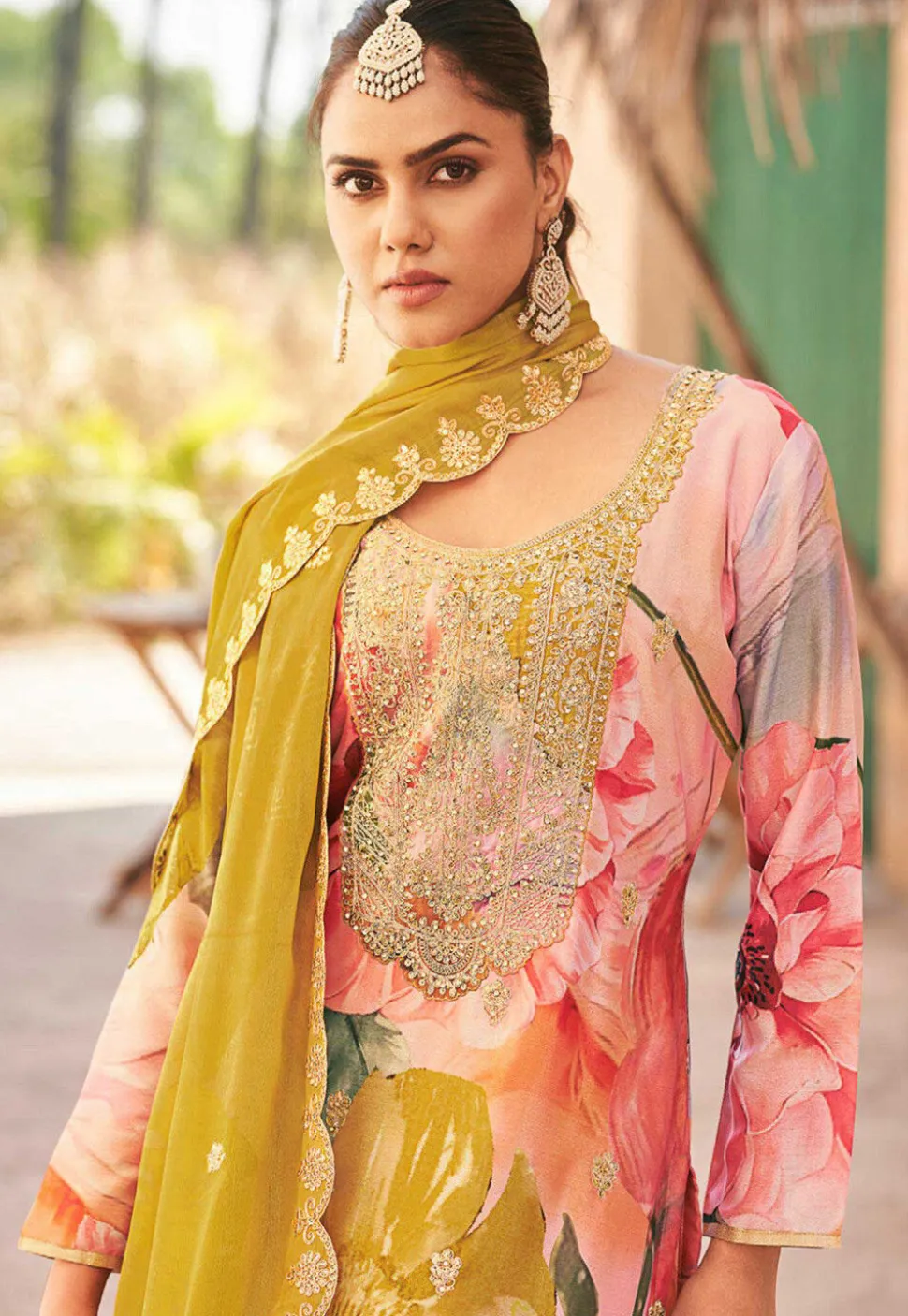 Digital Printed Chinon Silk Pakistani Suit in Peach and Multicolor