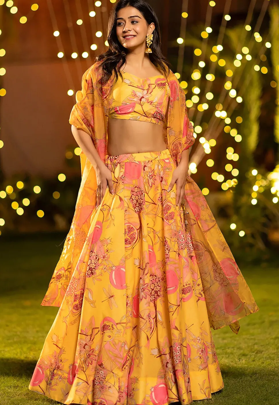 Digital Printed Chinon Silk Lehenga in Mustard