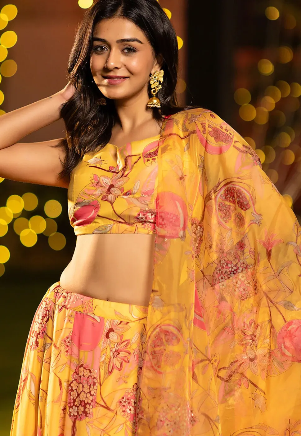Digital Printed Chinon Silk Lehenga in Mustard