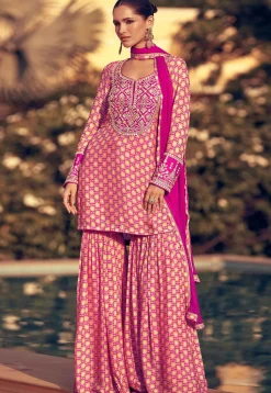 Digital Printed Chinon Silk Pakistani Suit in Pink