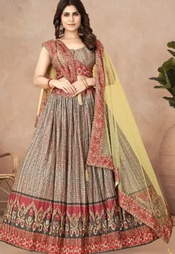 Digital Printed Chinon Silk Lehenga in Beige