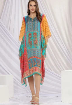 Digital Printed Chinon Silk Kaftan in Multicolor