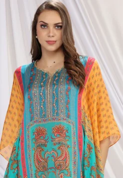 Digital Printed Chinon Silk Kaftan in Multicolor