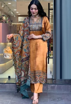 Digital Printed Chinon Silk Pakistani Suit in Rust