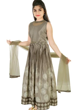 Digital Printed Chinon Silk Gown in Grey