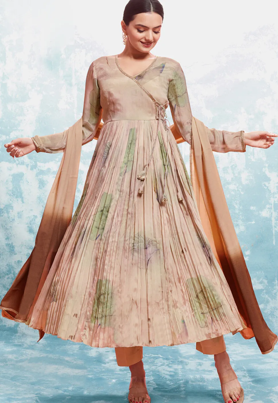 Digital Printed Chinon Silk Aline Suit in Brown and Beige