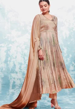 Digital Printed Chinon Silk Aline Suit in Brown and Beige