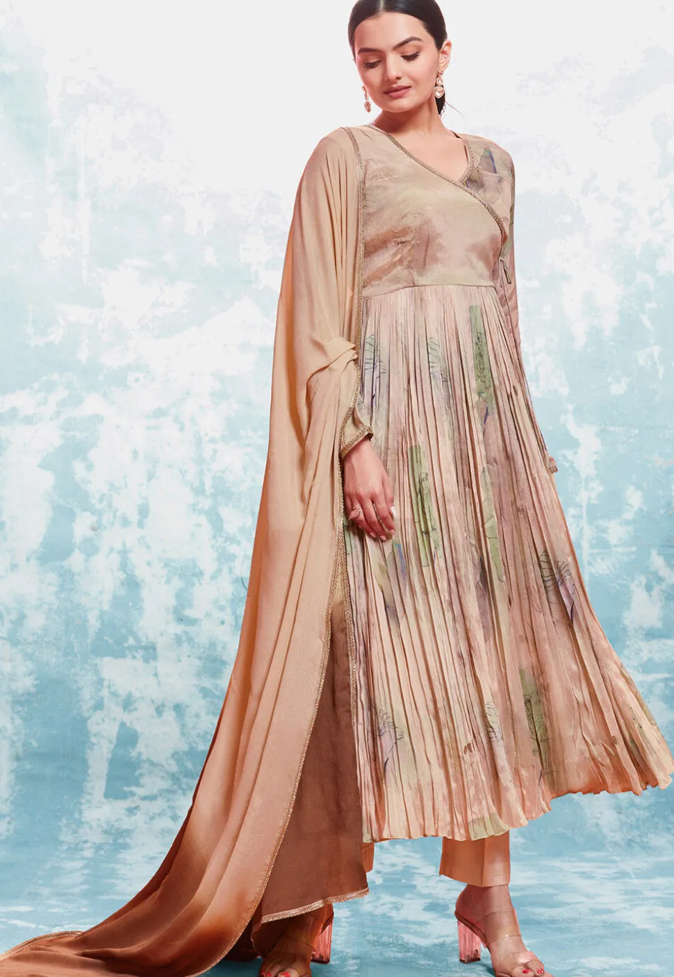 Digital Printed Chinon Silk Aline Suit in Brown and Beige