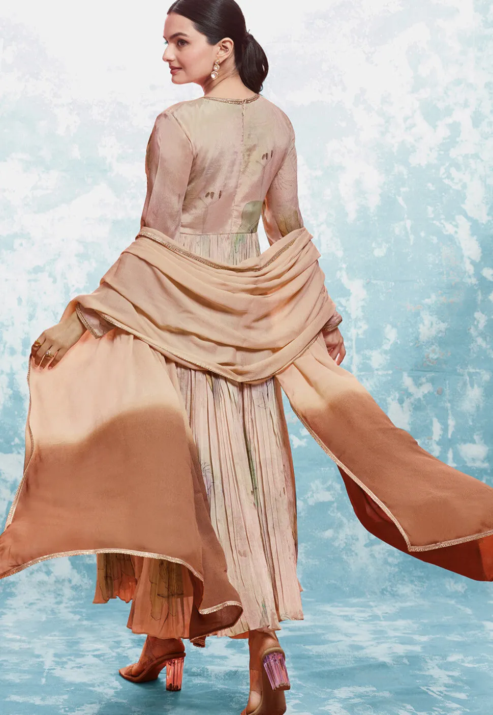 Digital Printed Chinon Silk Aline Suit in Brown and Beige