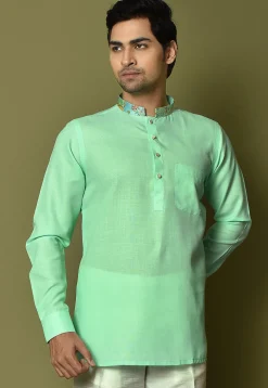 Digital Printed Collar Cotton Short Kurta in Sea Green