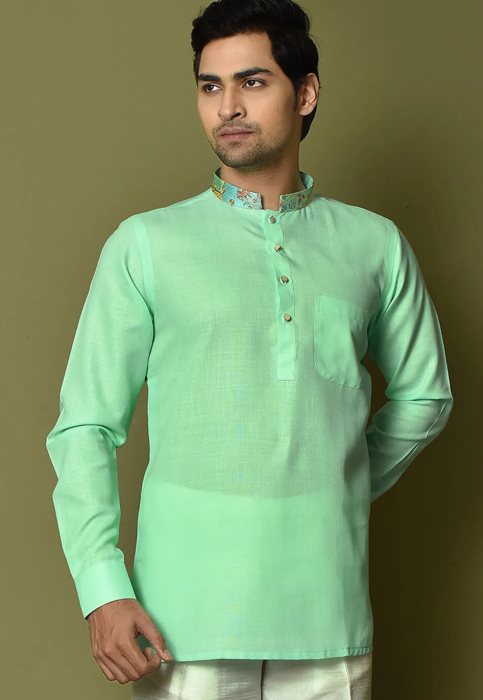 Digital Printed Collar Cotton Short Kurta in Sea Green