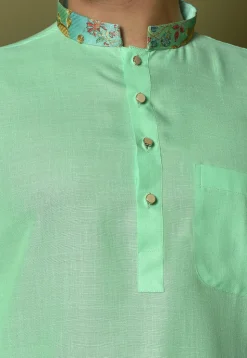 Digital Printed Collar Cotton Short Kurta in Sea Green