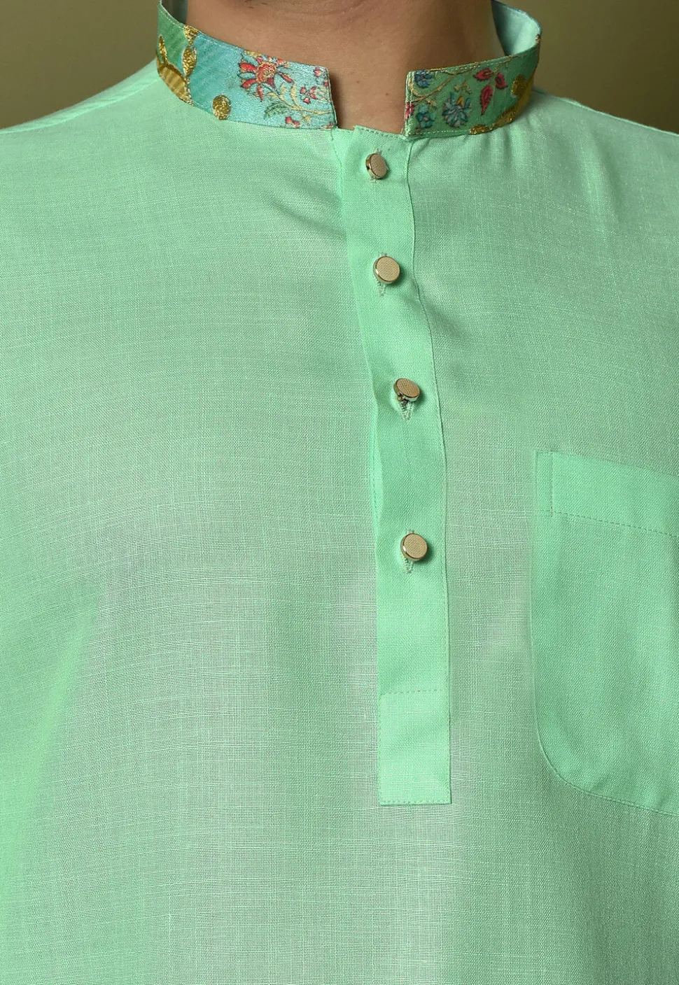 Digital Printed Collar Cotton Short Kurta in Sea Green