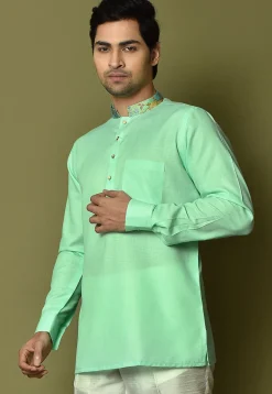 Digital Printed Collar Cotton Short Kurta in Sea Green