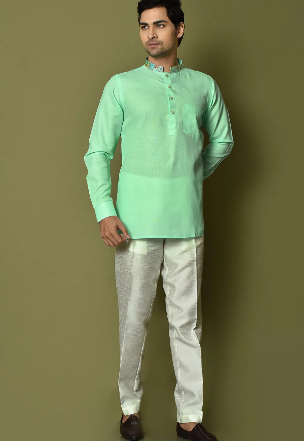 Digital Printed Collar Cotton Short Kurta in Sea Green