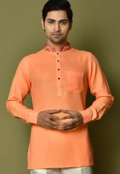 Digital Printed Collar Cotton Short Kurta in Orange
