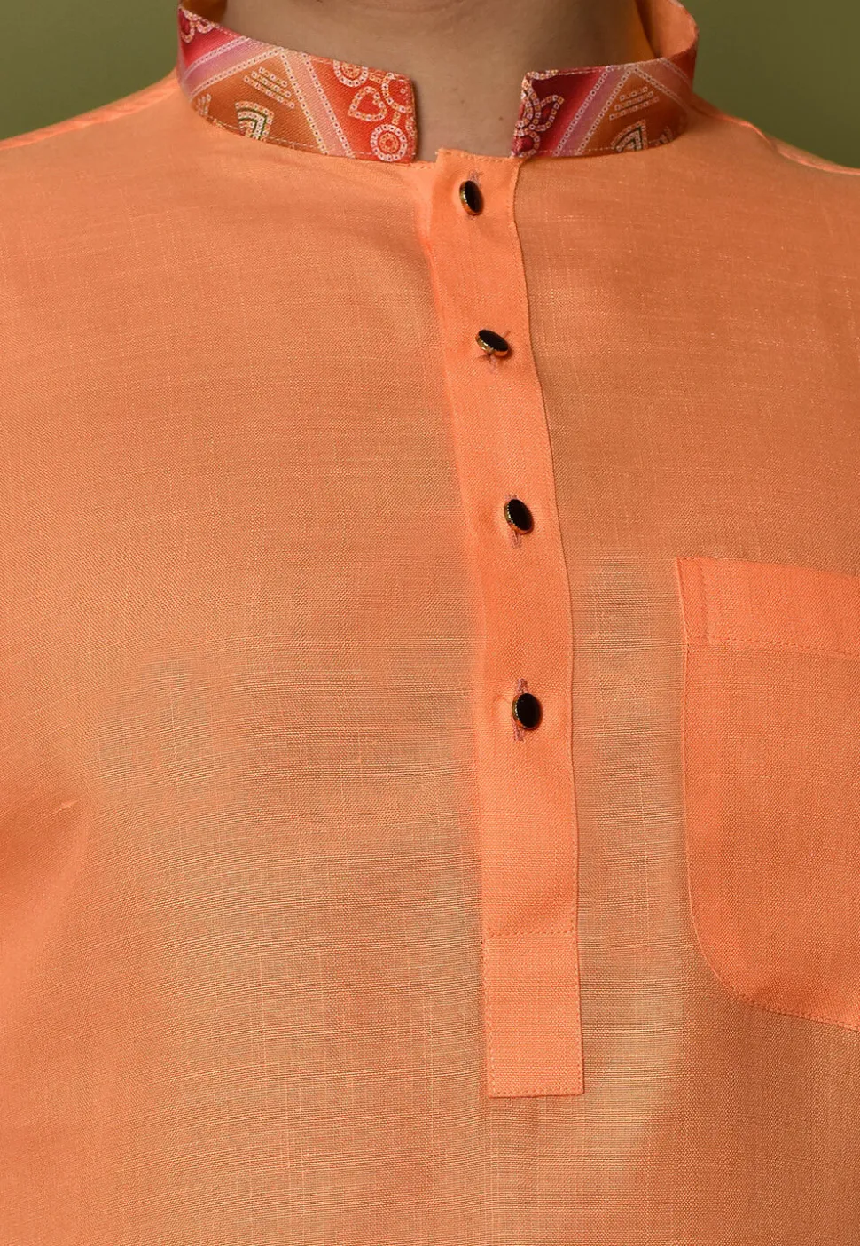 Digital Printed Collar Cotton Short Kurta in Orange