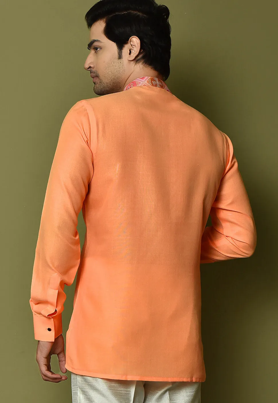 Digital Printed Collar Cotton Short Kurta in Orange