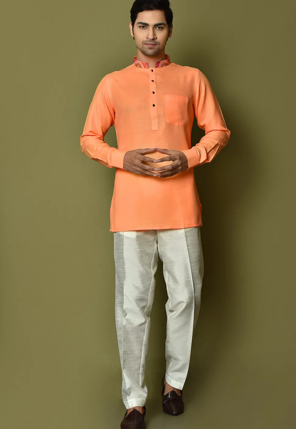 Digital Printed Collar Cotton Short Kurta in Orange