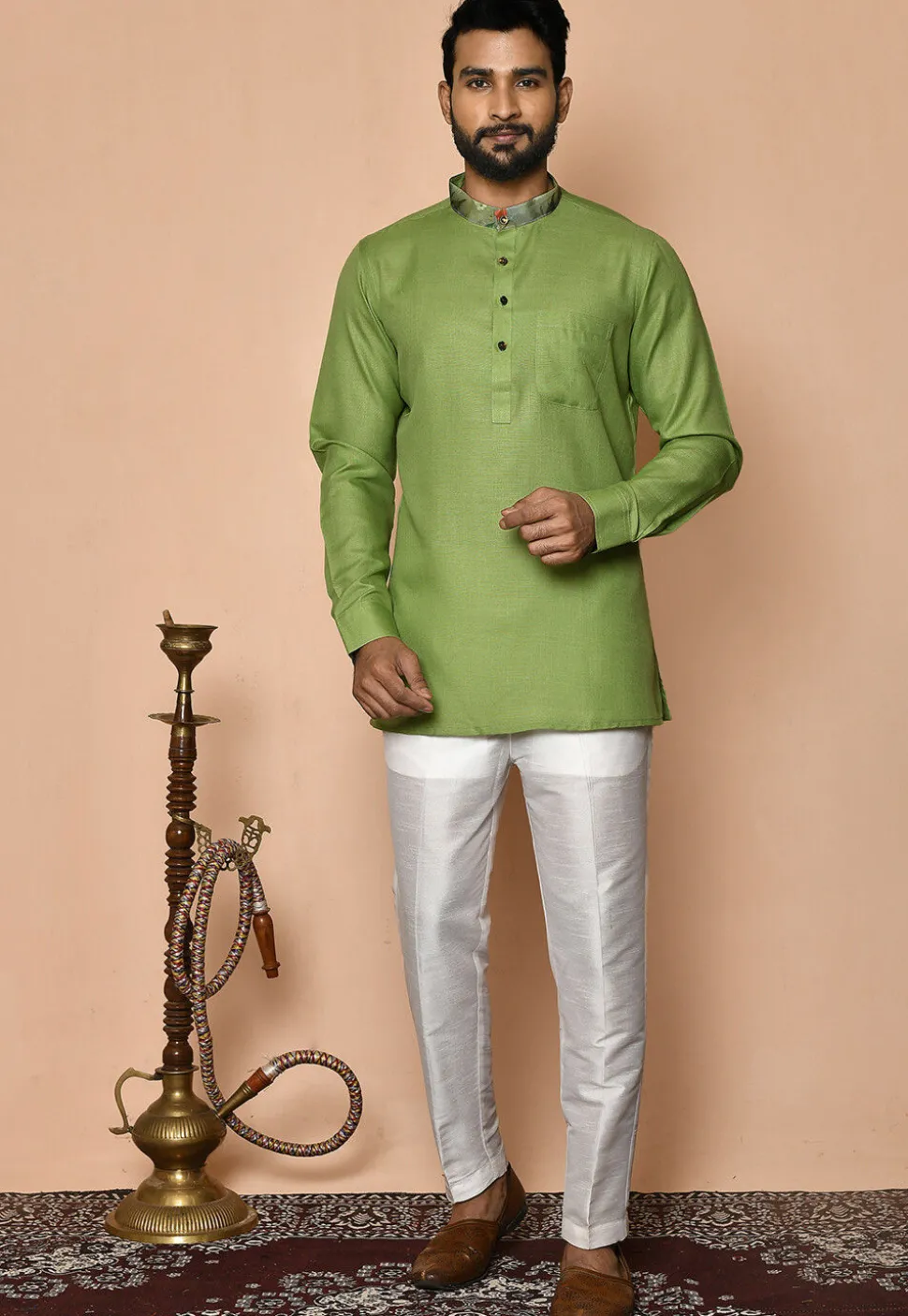 Digital Printed Collar Cotton Short Kurta in Green