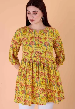 Digital Printed Cotton A Line Kurti in Mustard