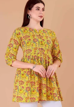 Digital Printed Cotton A Line Kurti in Mustard
