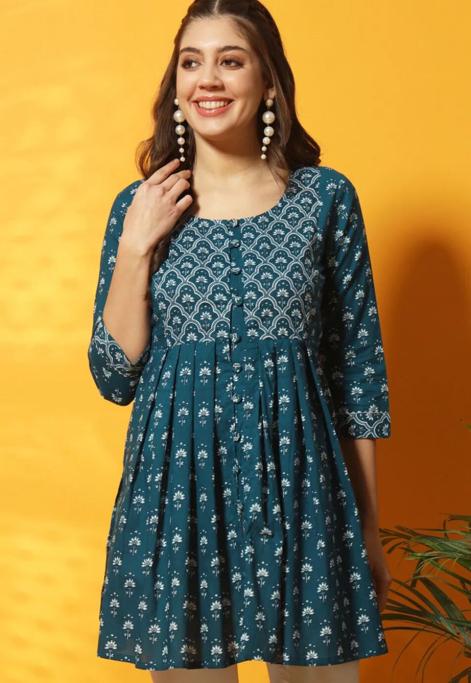 Digital Printed Cotton A Line Kurti in Teal Blue
