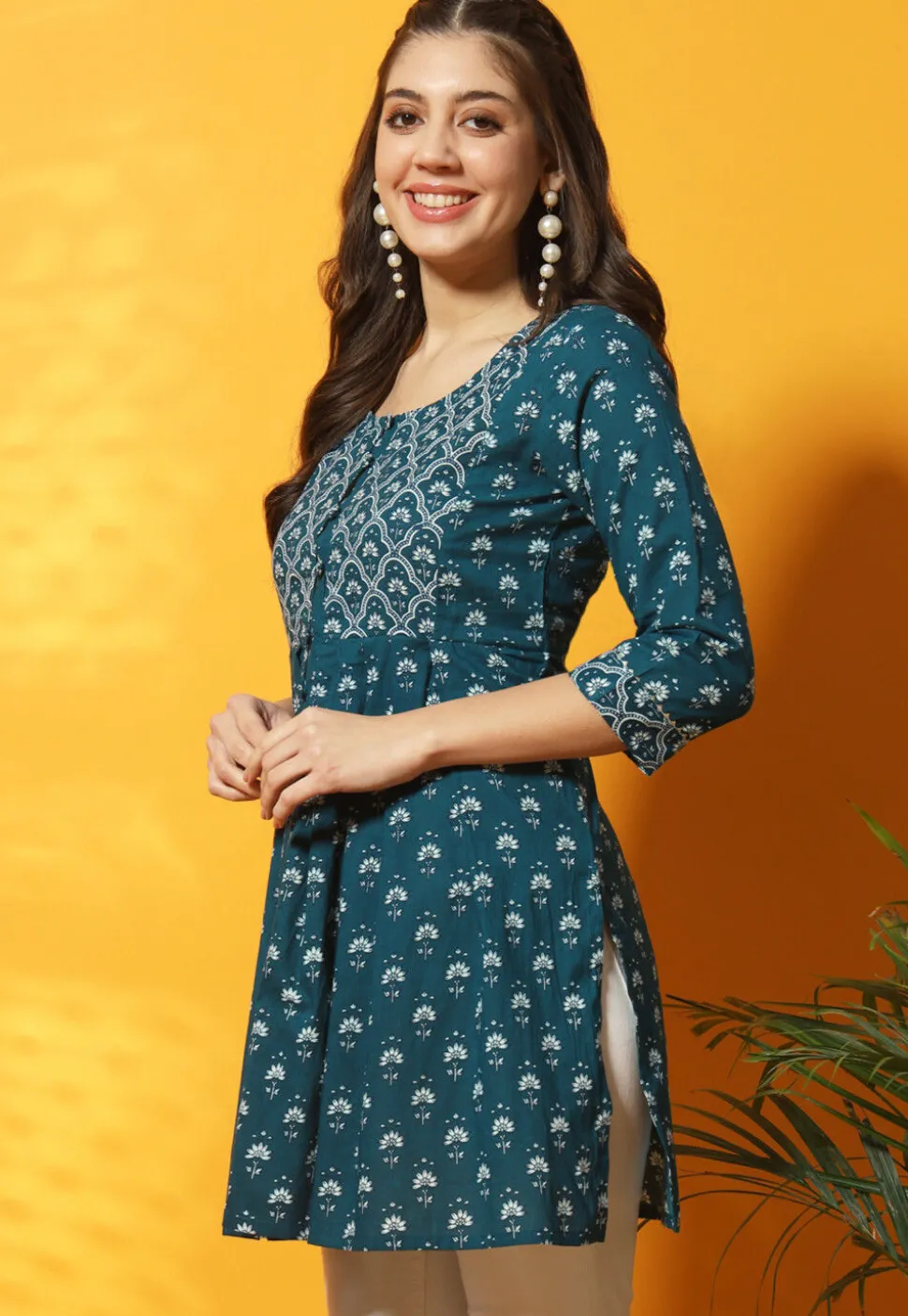 Digital Printed Cotton A Line Kurti in Teal Blue