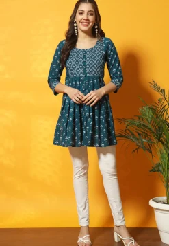 Digital Printed Cotton A Line Kurti in Teal Blue
