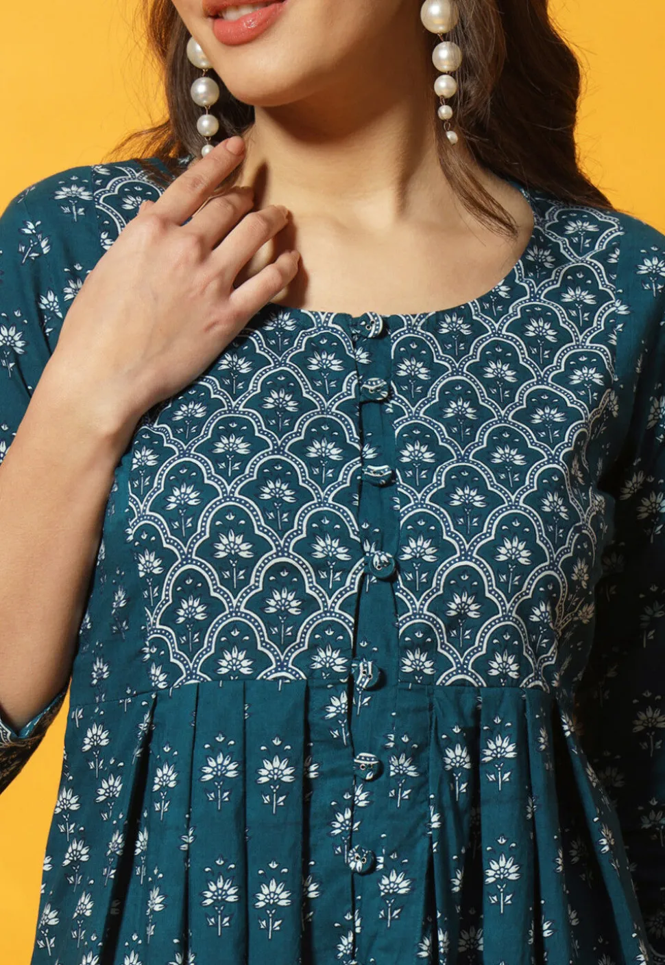 Digital Printed Cotton A Line Kurti in Teal Blue