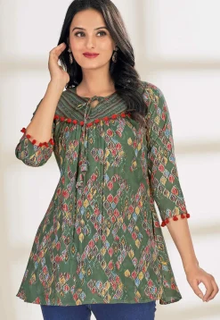 Digital Printed Cotton A Line Kurti in Green
