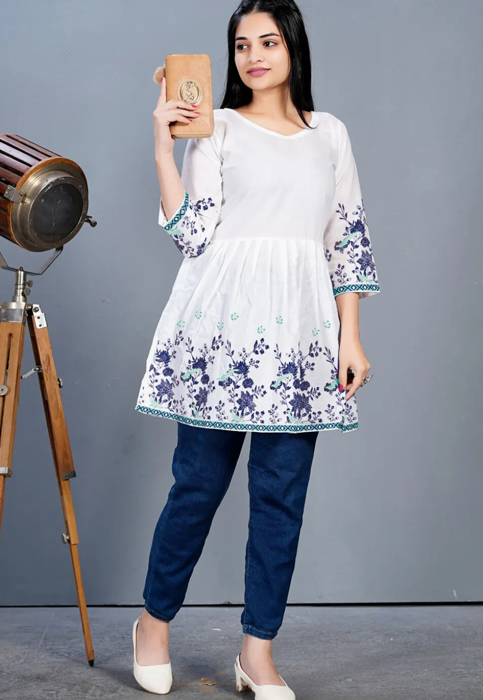 Digital Printed Cotton A Line Kurti in Off White