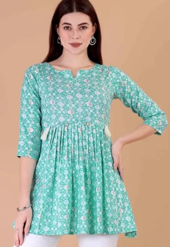 Digital Printed Cotton A Line Kurti in Sky Blue