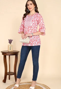 Digital Printed Cotton A Line Kurti in Peach