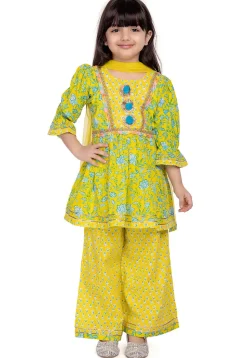 Digital Printed Cotton A Line Suit in Yellow