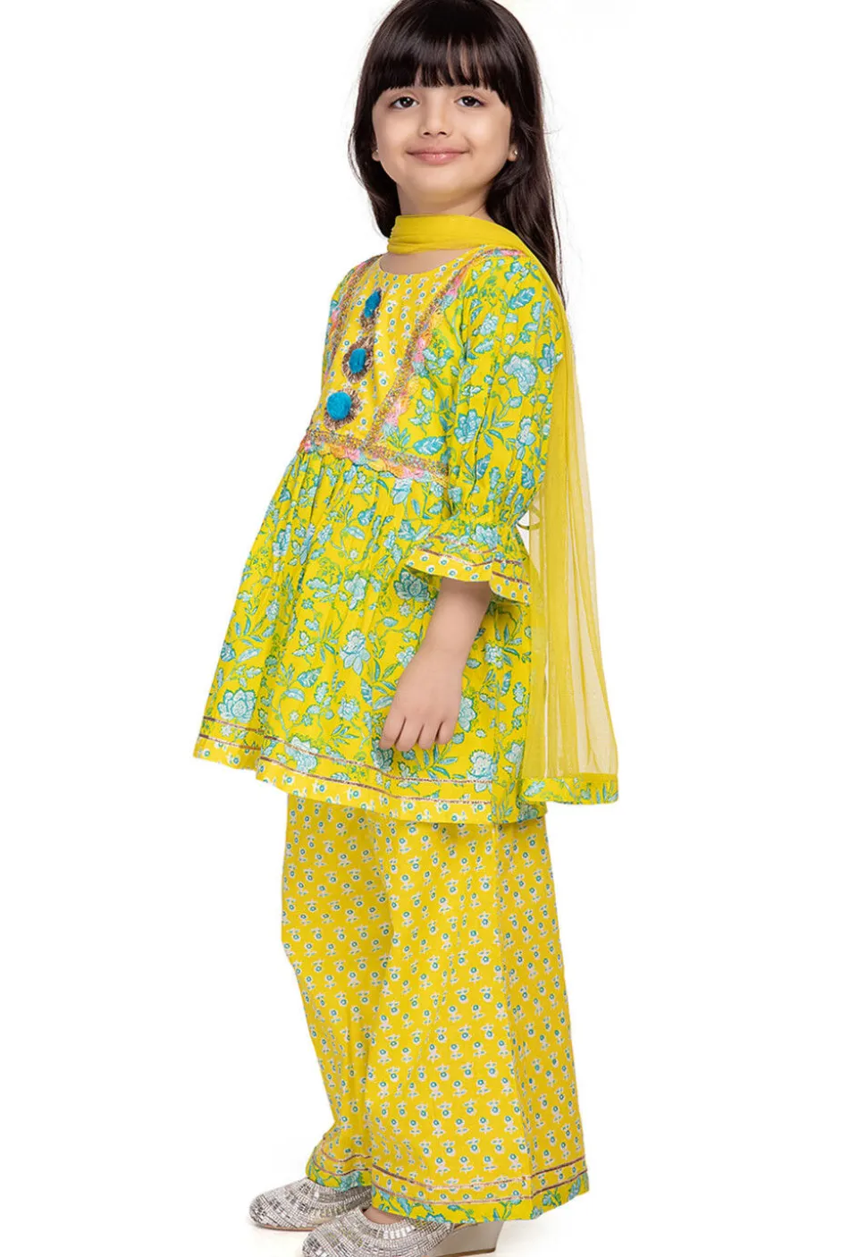 Digital Printed Cotton A Line Suit in Yellow