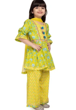 Digital Printed Cotton A Line Suit in Yellow