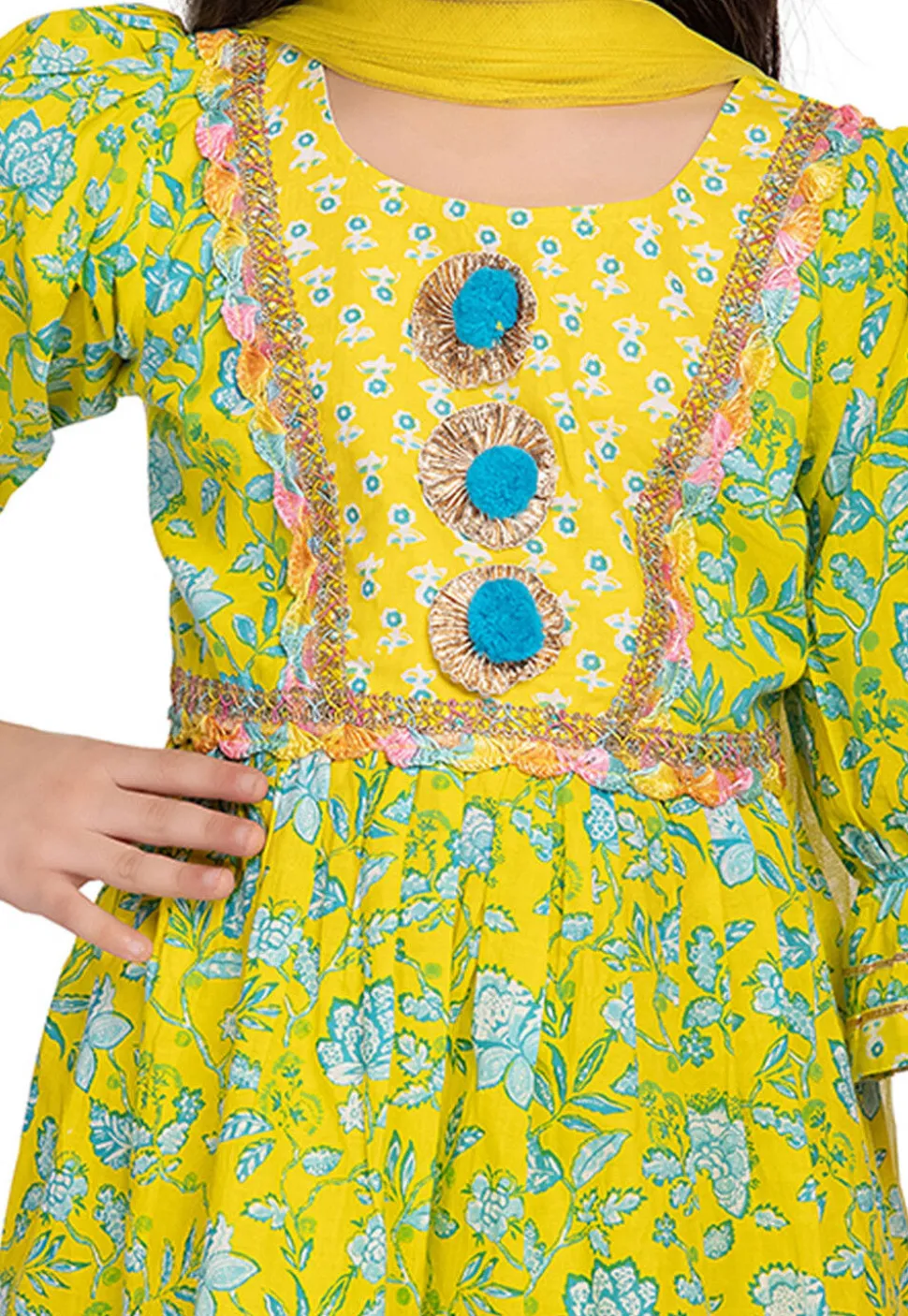 Digital Printed Cotton A Line Suit in Yellow
