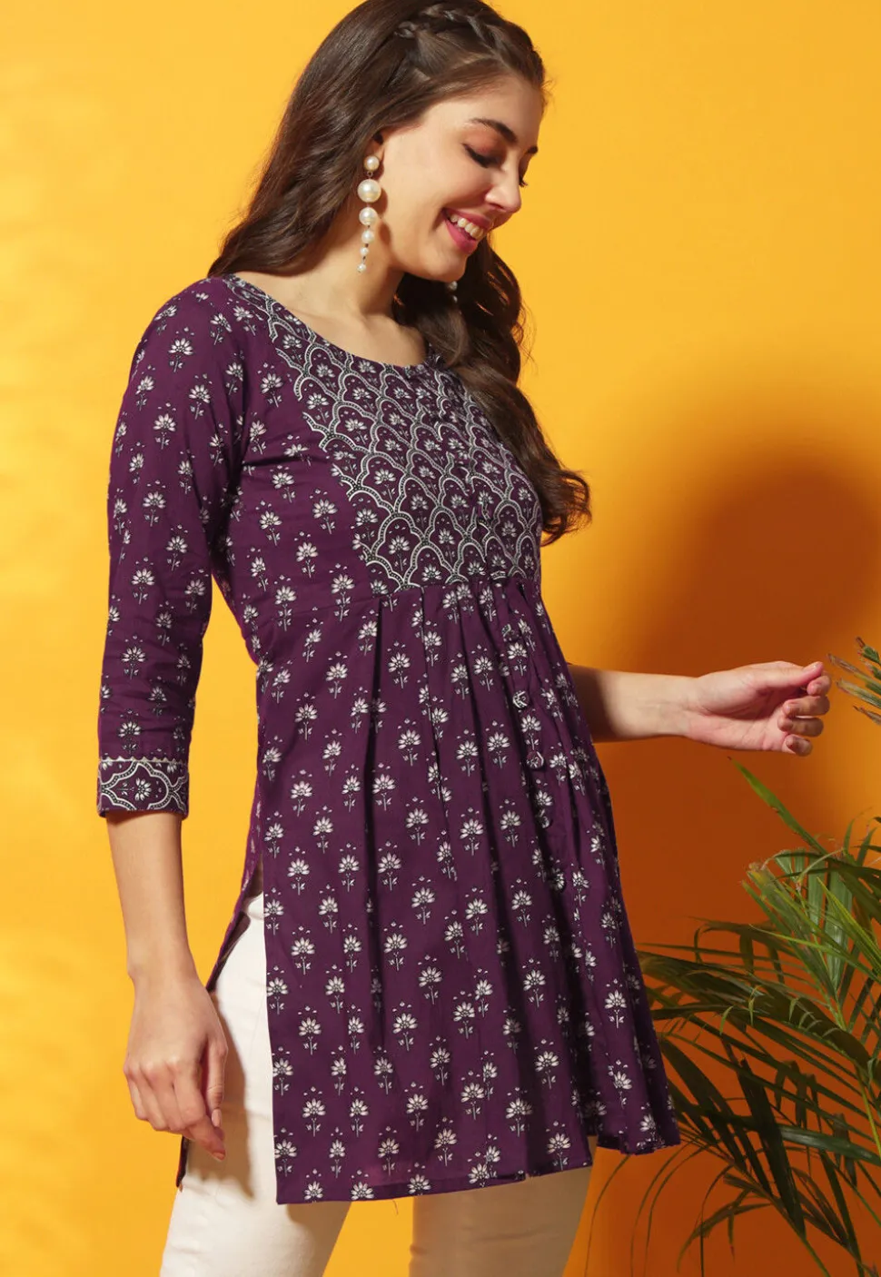 Digital Printed Cotton A Line Kurti in Purple