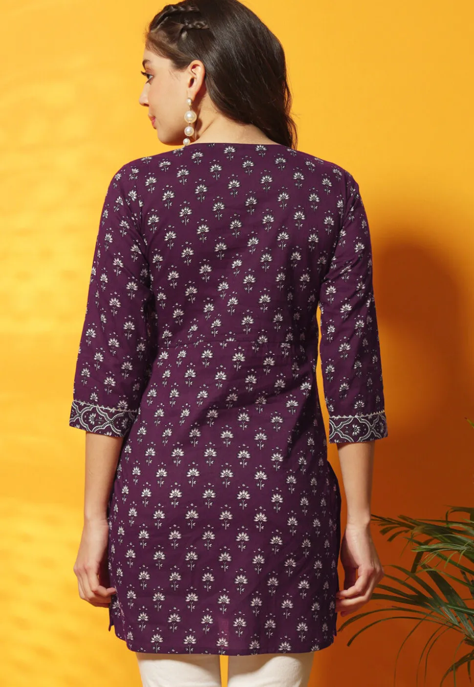 Digital Printed Cotton A Line Kurti in Purple