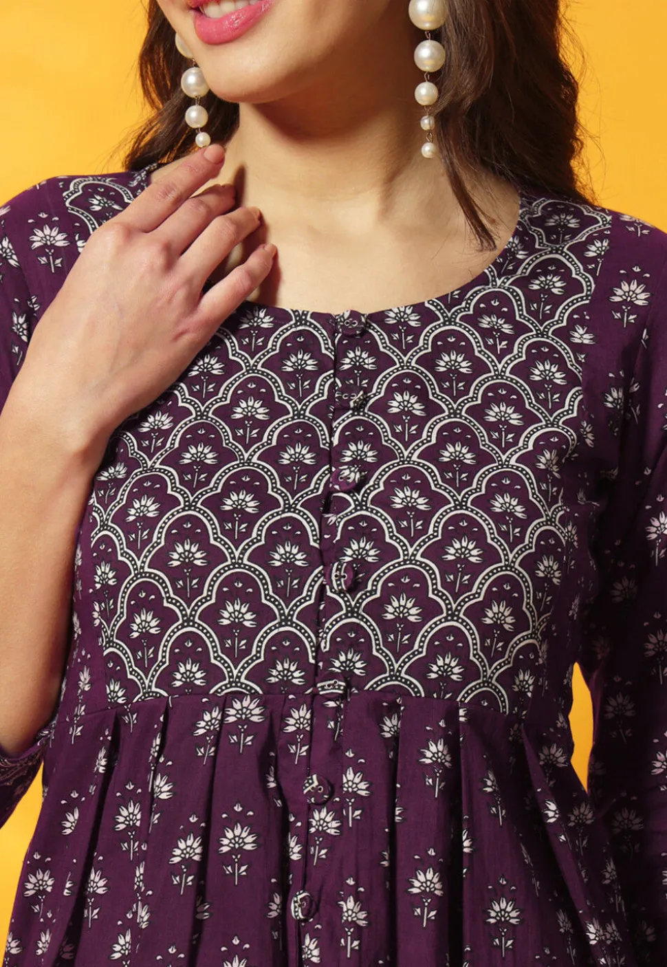 Digital Printed Cotton A Line Kurti in Purple