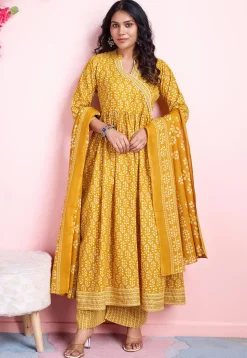 Digital Printed Cotton A Line Suit in Mustard