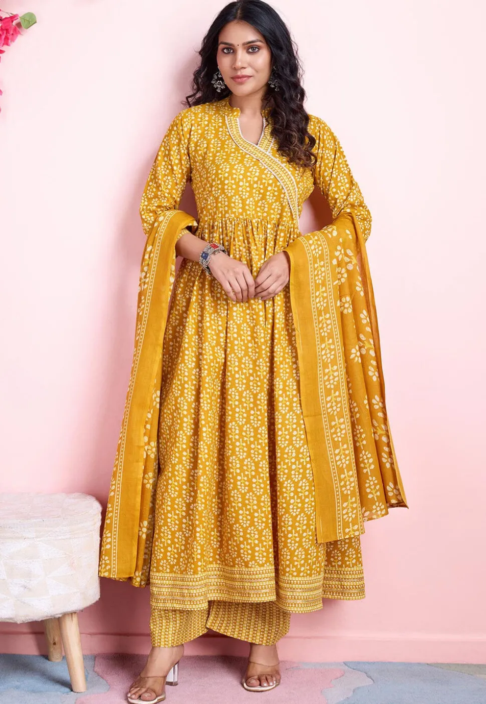 Digital Printed Cotton A Line Suit in Mustard