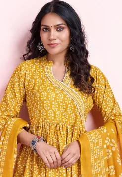 Digital Printed Cotton A Line Suit in Mustard