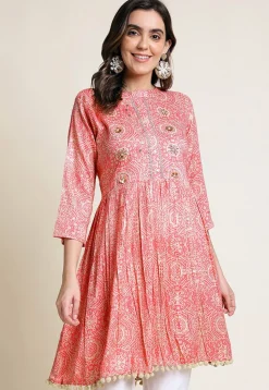 Digital Printed Cotton A Line Kurti in Peach