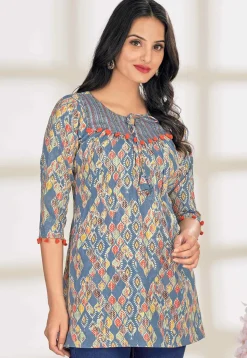 Digital Printed Cotton A Line Kurti in Dusty Blue