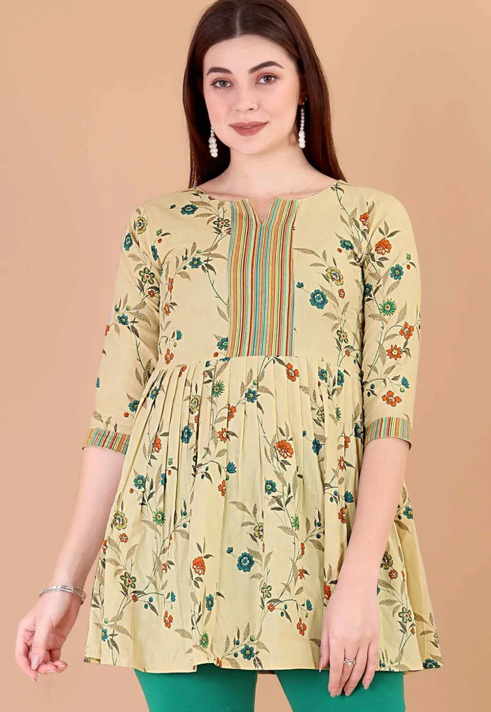 Digital Printed Cotton A Line Kurti in Beige