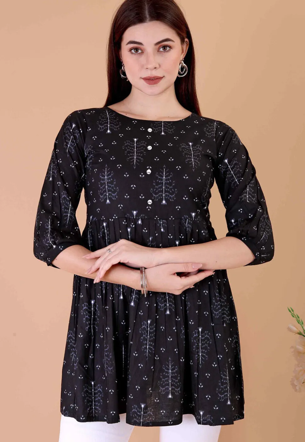 Digital Printed Cotton A Line Kurti in Black
