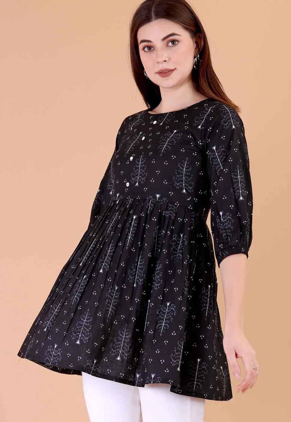 Digital Printed Cotton A Line Kurti in Black